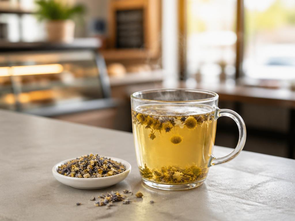 Loose-leaf chamomile and lavender tea steeping in a glass mug