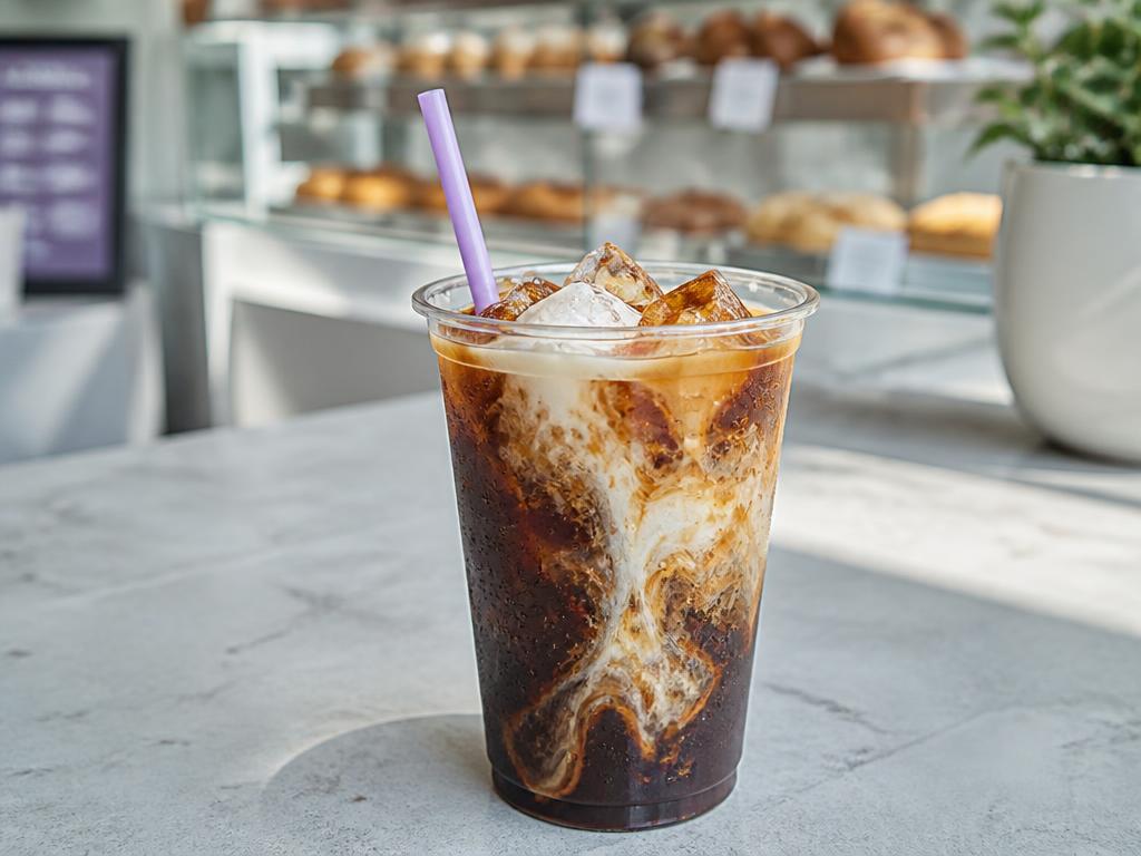 Iced cold brew coffee with cream swirling over ice