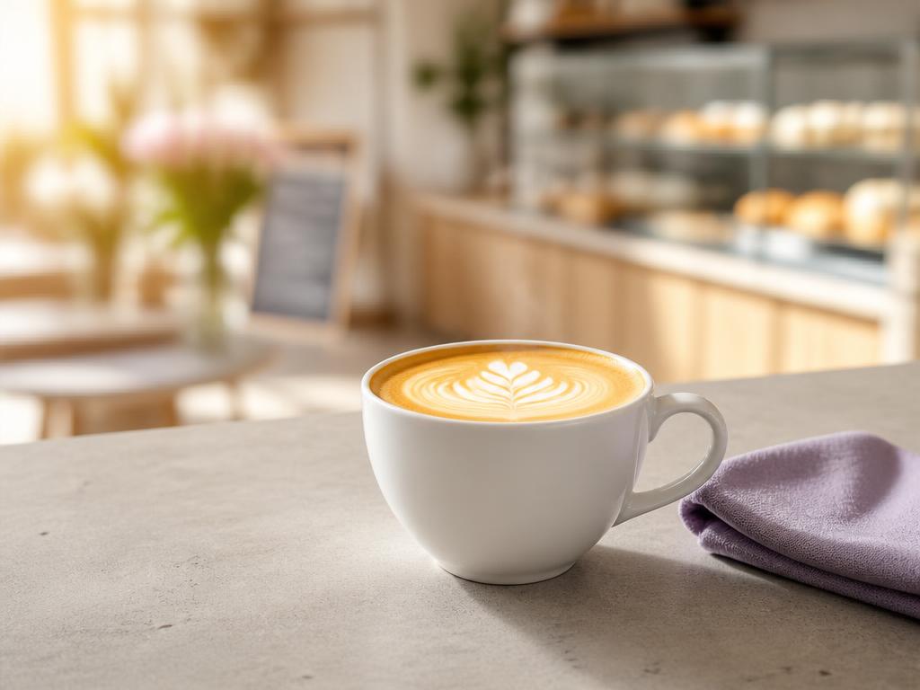 A hot latte with rosetta latte art on the DG Doughnuts counter