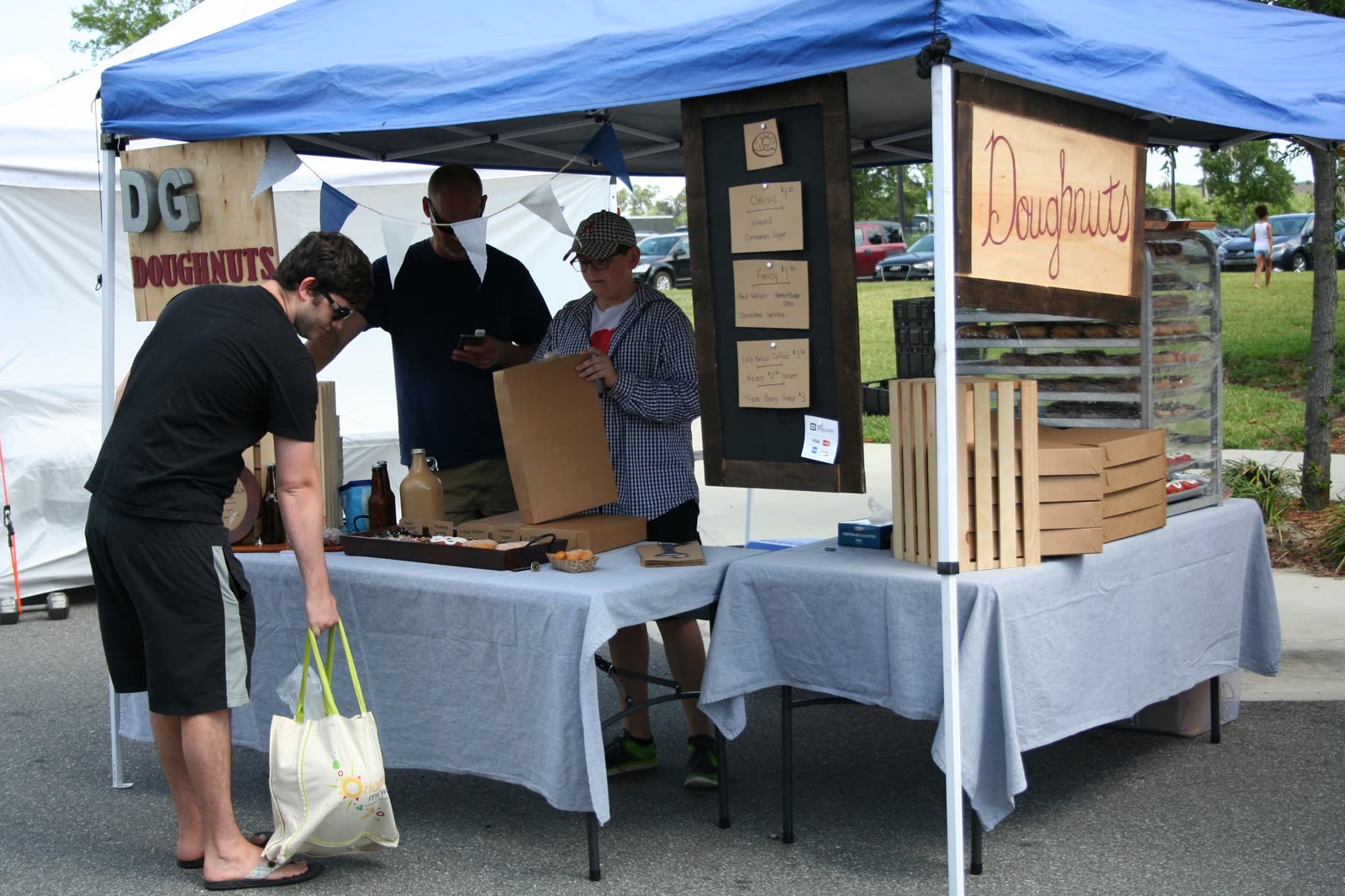 The original DG Doughnuts tent at a West Orange County farmers market