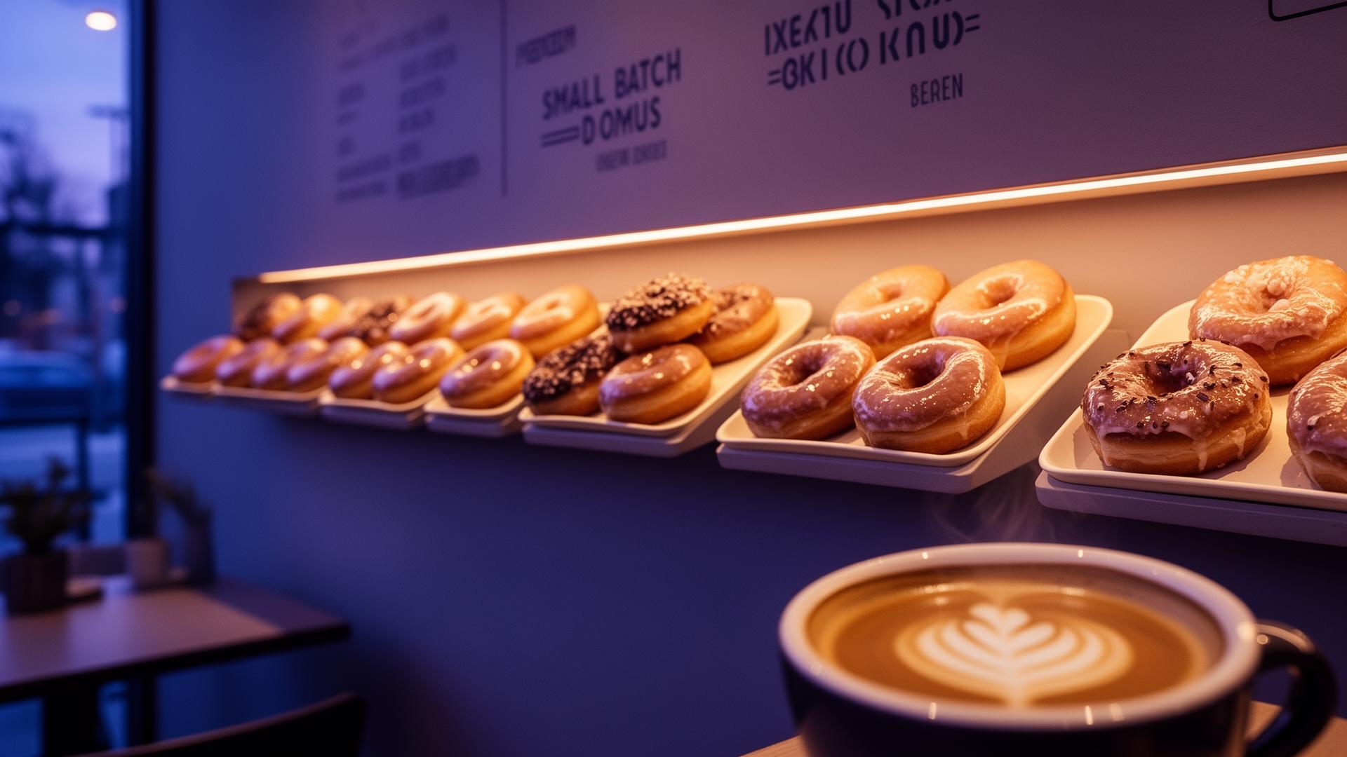 Backlit donut wall with espresso in the foreground