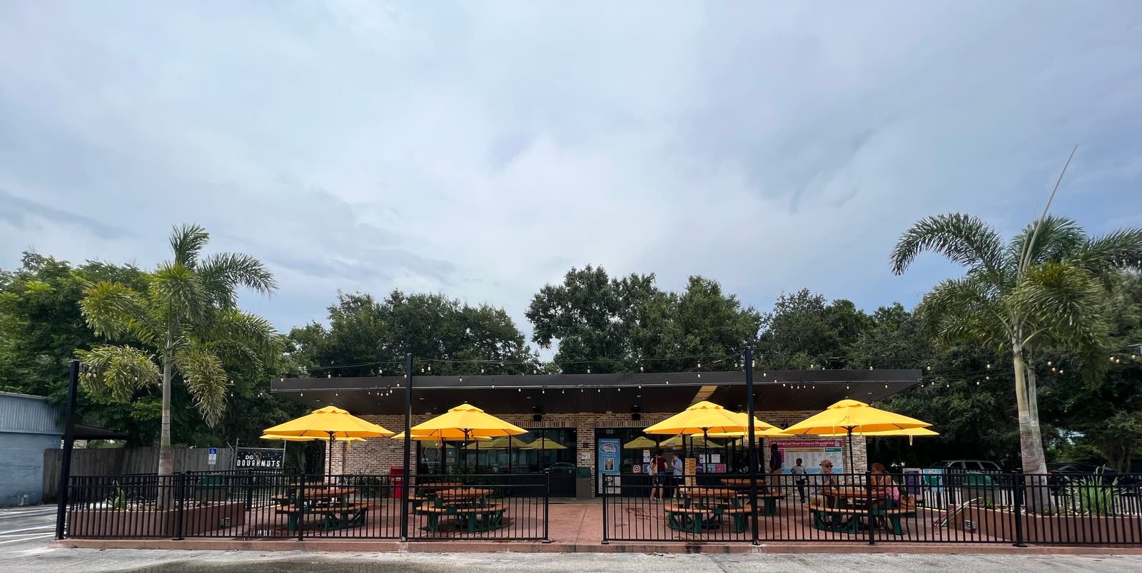 The shaded patio tables outside the Ocoee shop